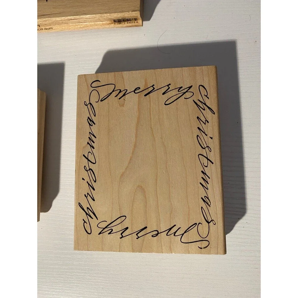 3pc Wood Rubber Stamp Lot DeNami Christmas Frame American Crafts Happy Birthday